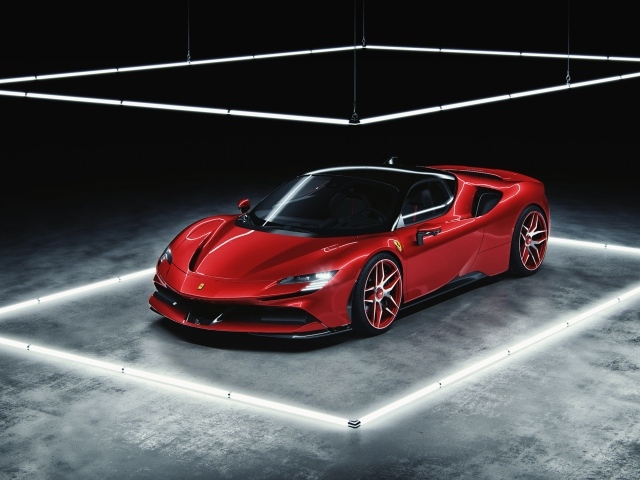 Красный автомобиль Ferrari SF90 Stradale в комнате