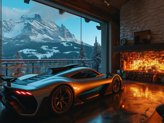 Автомобиль Mercedes-AMG ONE в комнате с камином