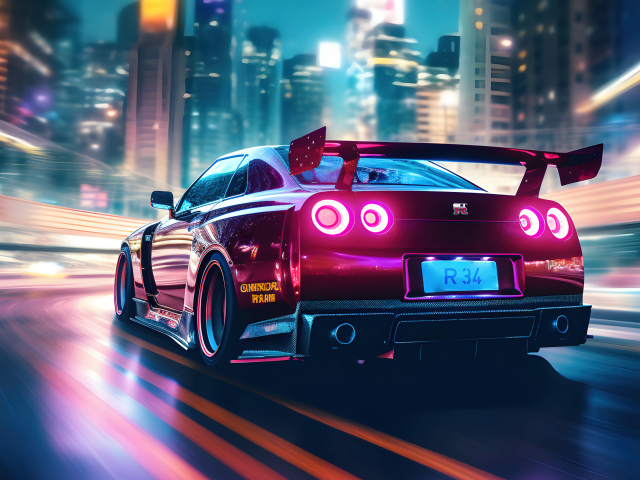 Вид сзади на автомобиль Nissan Skyline R34