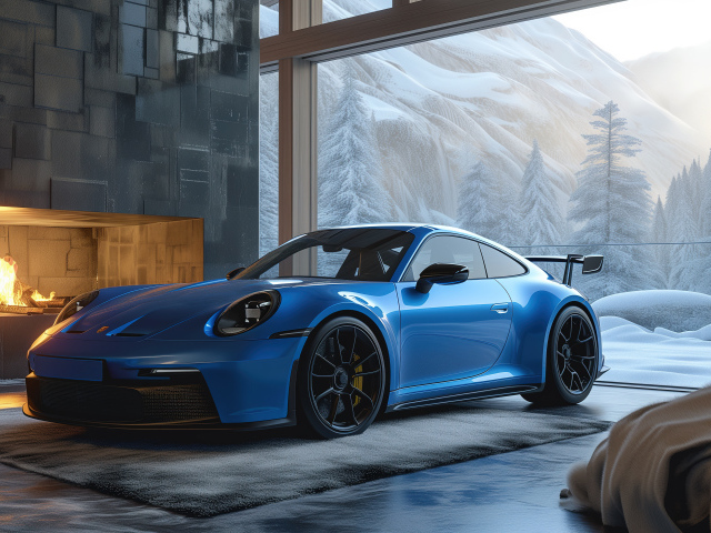 Синий автомобиль Porsche 911 GT3 Cozy в здании