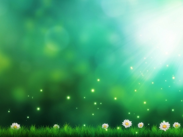 Зеленый фон с ромашками и зеленой травой