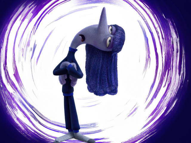 Персонаж Хандра из мультфильма Головоломка 2 на фиолетовом фоне