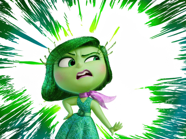 Красивый персонаж Брезгливость из мультфильма Головоломка 2 на зеленом фоне