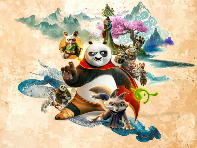 Постер с главными героями мультфильма Кунг-фу панда 4