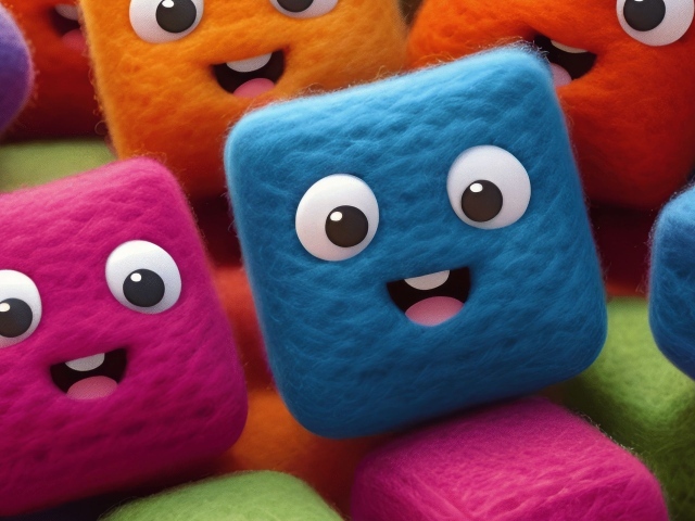 Разноцветные шерстяные кубики с глазами