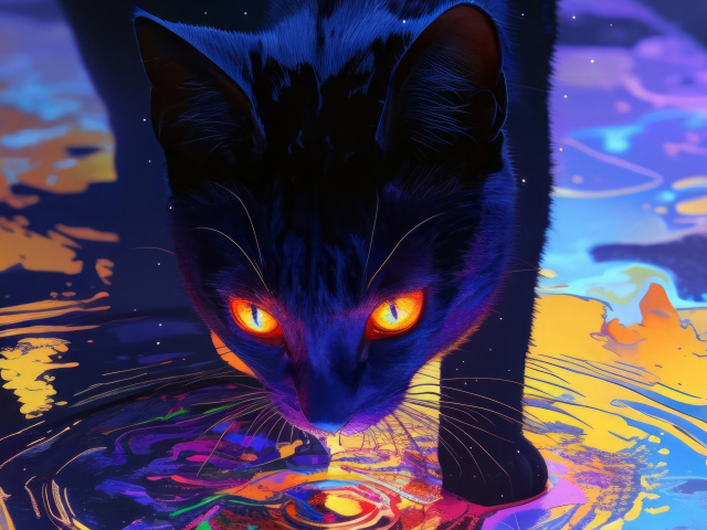 Черный кот с яркими оранжевыми глазами идет по воде