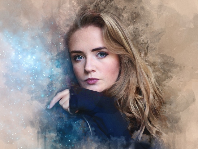 Красивая голубоглазая девушка на нарисованном фоне