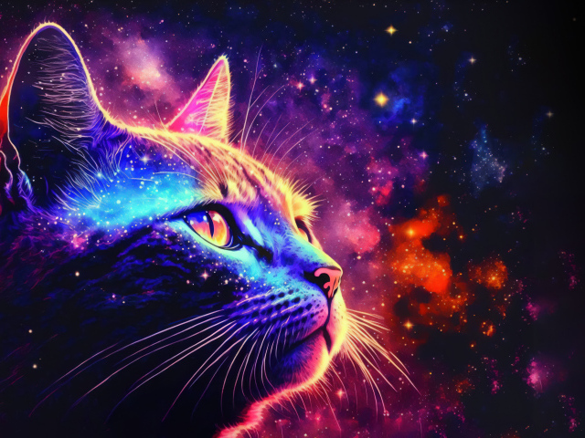 Нарисованный кот на фоне фантастического неба