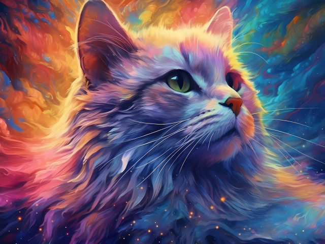 Нарисованная голова кота на разноцветном фоне