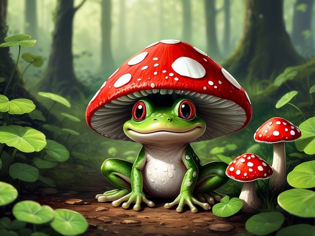 Нарисованная зеленая лягушка с мухомором на голове