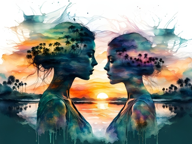 Нарисованные силуэты девушек на фоне природы