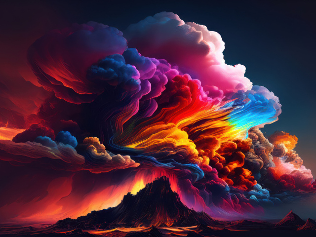 Большое разноцветное облако дыма над вулканом