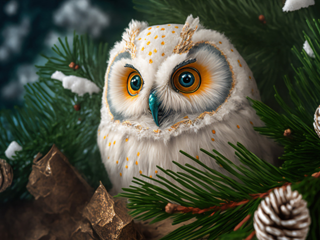 Большая нарисованная сова в сосновых  ветках