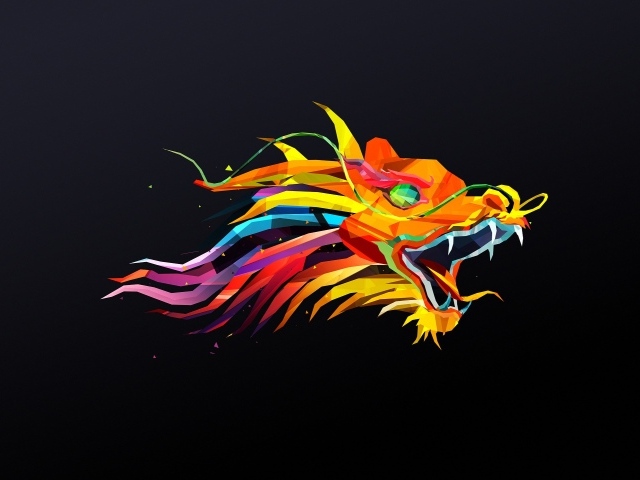Разноцветный дракон на черном фоне, арт рисунок
