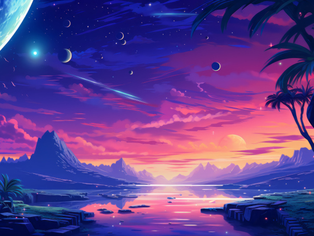 Нарисованный розовый закат в небе над горным озером