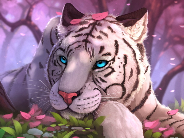 Нарисованный белый тигр с голубыми глазами