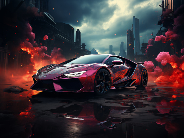 Спортивный автомобиль в красном дыму