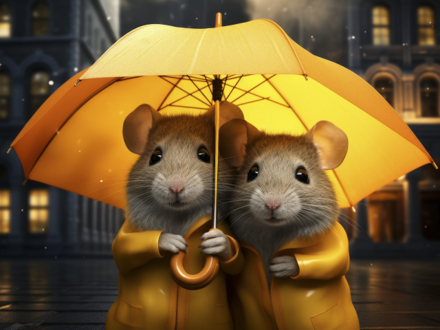 Две серые крысы под желтым зонтом