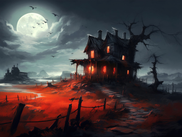 Зловещий черный дом на фоне яркой луны