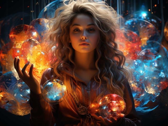 Красивая девушка с фантастическими светящимися шарами