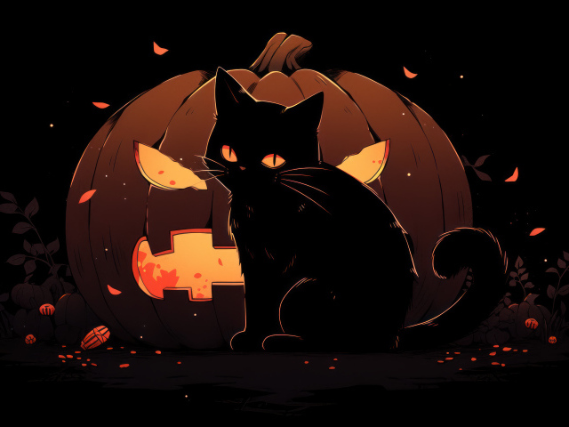 Черный котенок на фоне фонаря из тыквы