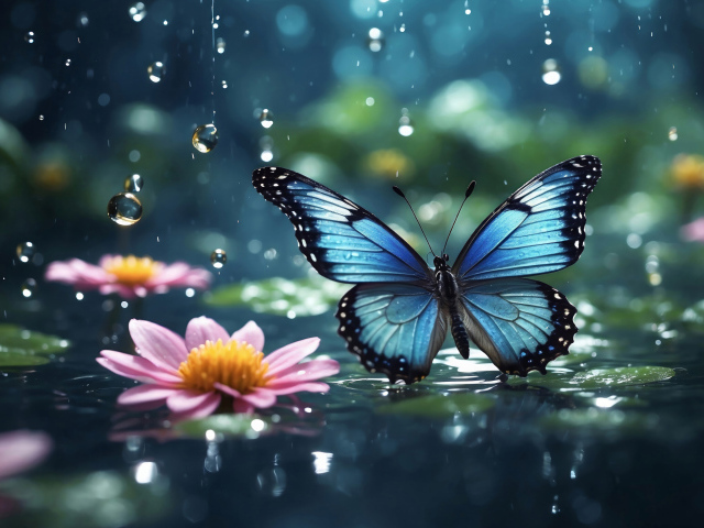 Голубая бабочка под дождем у розовых цветов