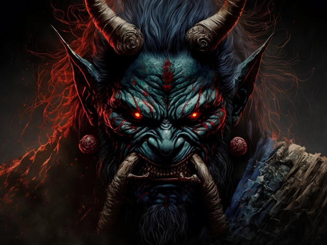 Демон с красными глазами крупным планом