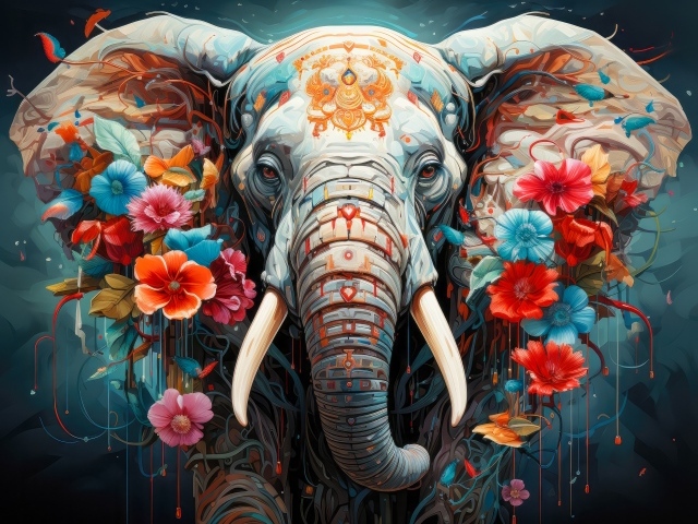 Фантастический слон украшен цветами