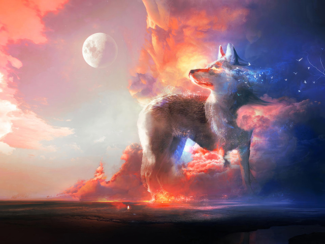 Фантастический неоновый волк на фоне луны