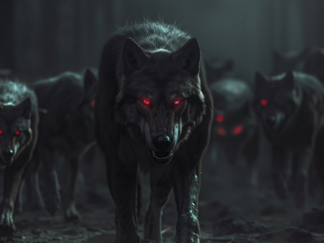 Фантастические волки с красными глазами