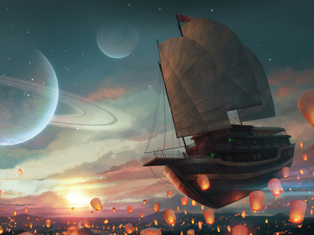 Летающий корабль в небе с китайскими фонариками