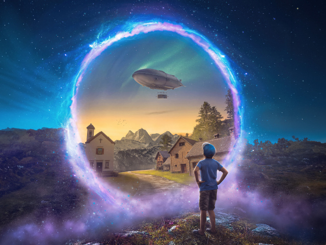 Маленький мальчик смотрит на волшебный мир