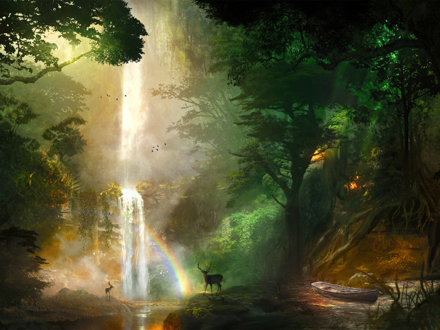 Радуга у высокого фантастического водопада в лесу