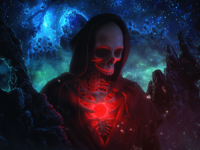 Скелет в черном плаще на фоне космического неба