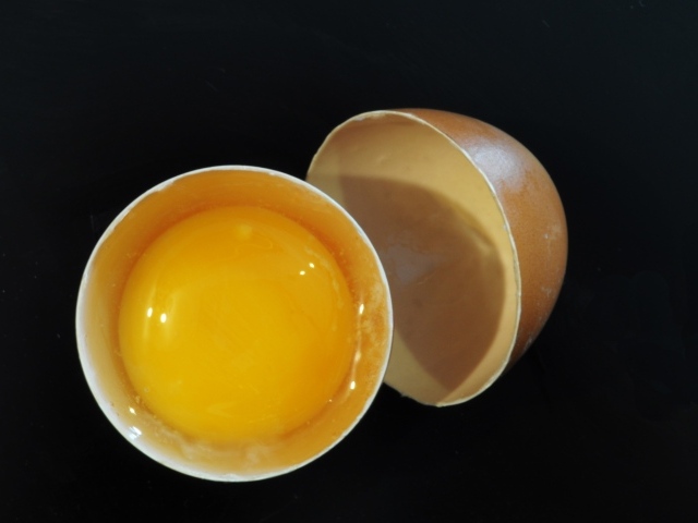 Разбитое яйцо с желтком на черном фоне