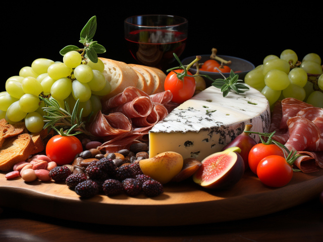 Вкусный сыр с колбасой и виноградом