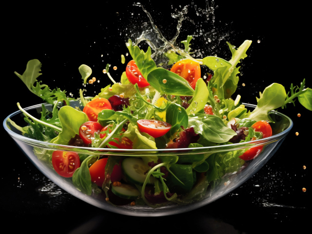 Свежий салат в стеклянной тарелке на черном фоне