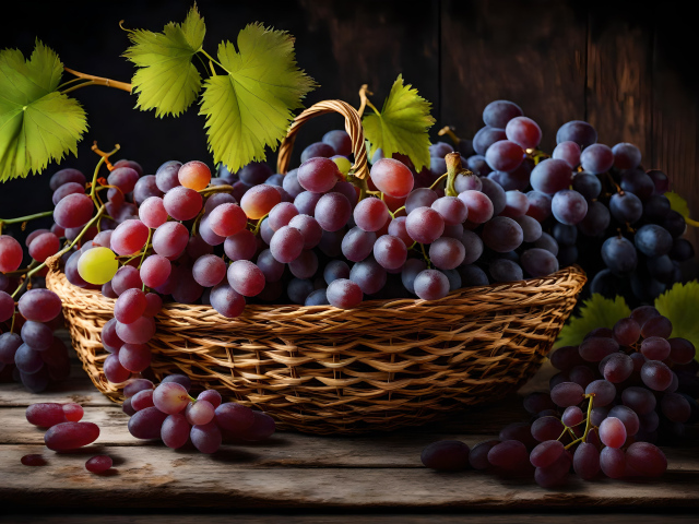 Корзина с большими гроздьями розового винограда
