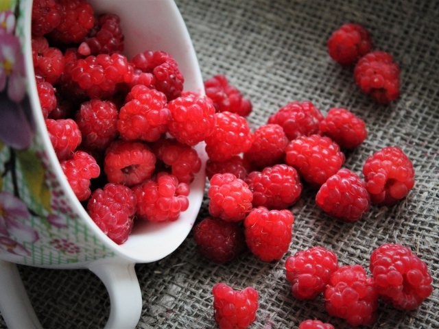 Красная спелая малина в чашке на столе