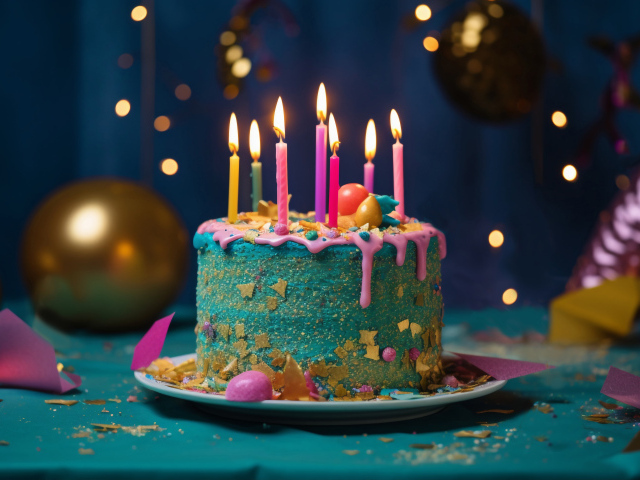 Голубой праздничный торт с зажженными свечками