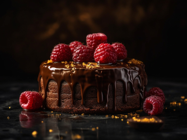 Торт в шоколаде с ягодами малины