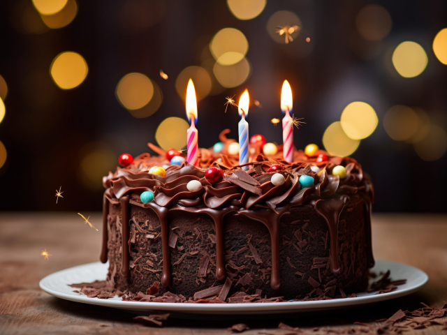Шоколадный торт с тремя зажженными свечками