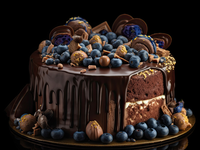 Аппетитный торт в шоколаде с конфетами и ягодами черники