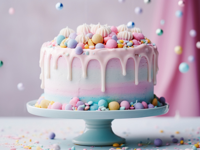 Разноцветный торт украшен конфетами