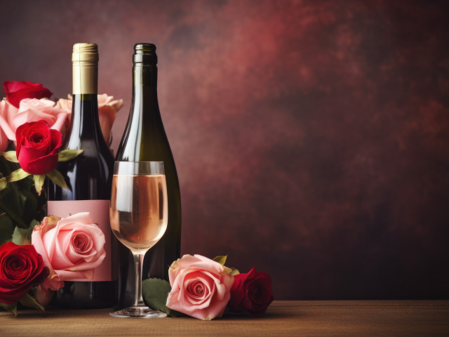 Букет роз на столе с вином