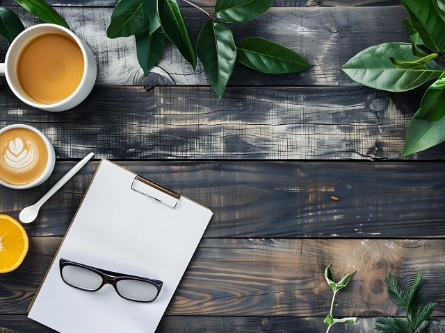 Кофе на столе с блокнотом, очками и зелеными листьями