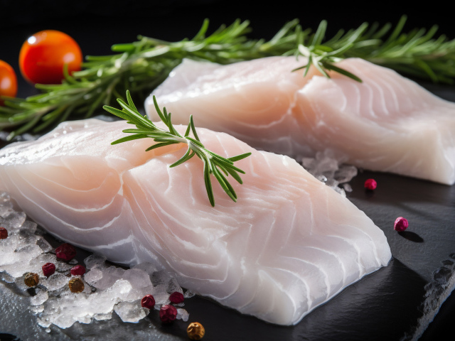 Два куска свежей рыбы на столе с базиликом и помидорами