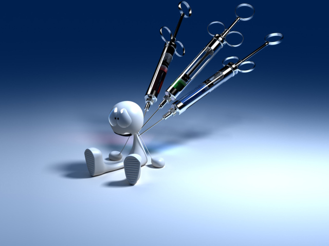 Белому человечку делают укол тремя шприцами