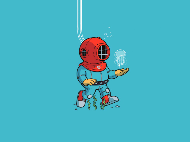 Аквалангист под водой на голубом фоне