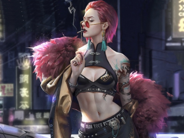 Девушка cyberpunk с сигаретой во рту